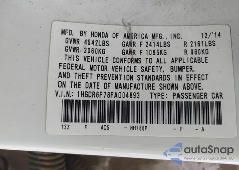 2015 Honda Accord Hybrid Touring from USA, damaged, VIN 1HGCR6F78FA004893